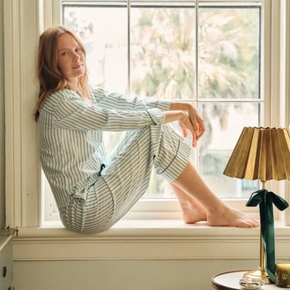 Classic Striped Cotton Pajama Set — Light Green/White